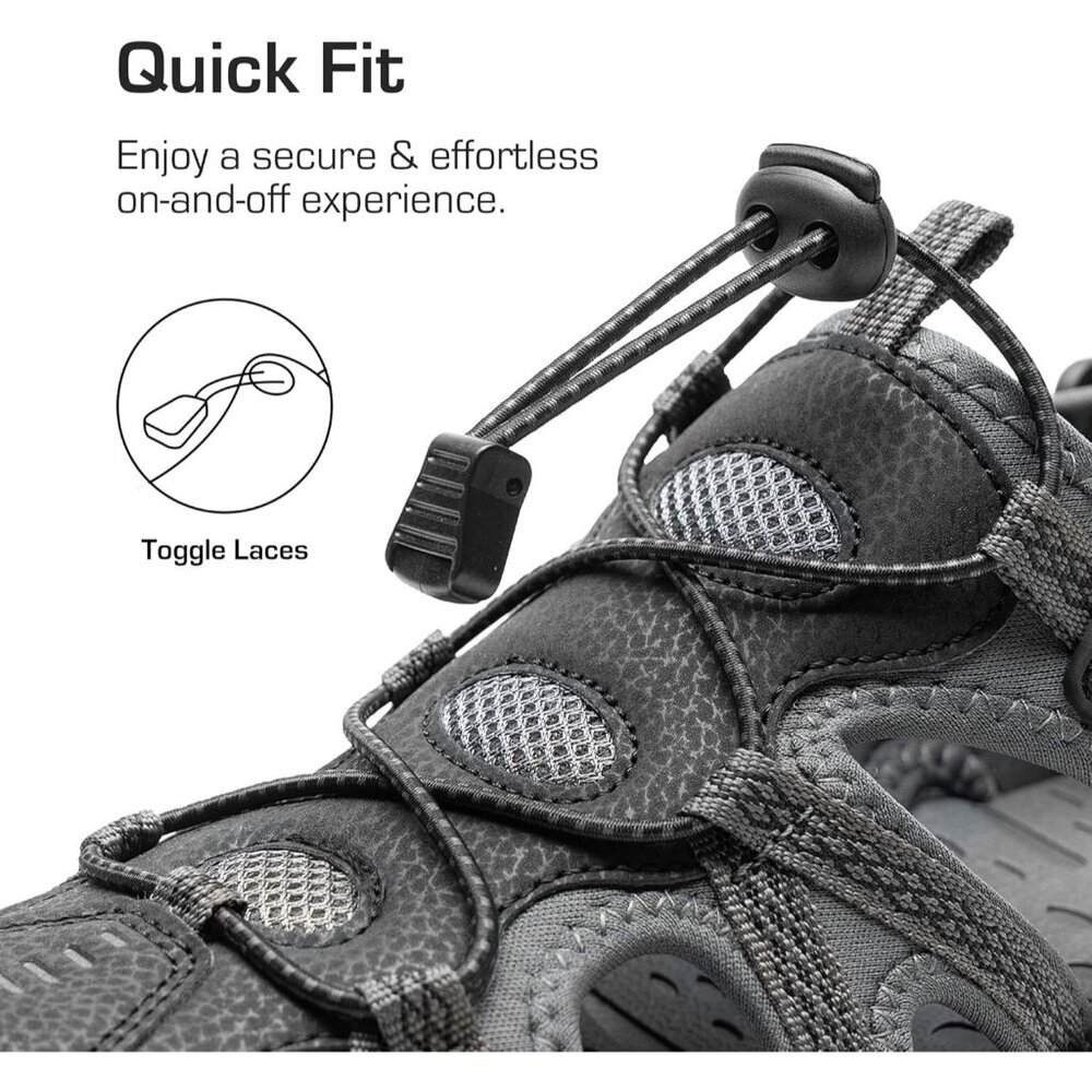 Hiking Sandals Men's Black Gray Athletic Cushioned Closed Toe Fisherman Shoes - Picture 4 of 8